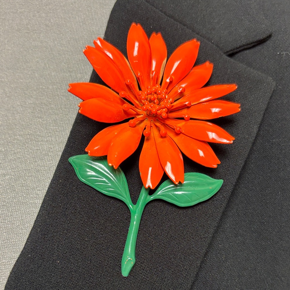 Vintage Large Orange Enamel Flower Brooch with Stem 1960s